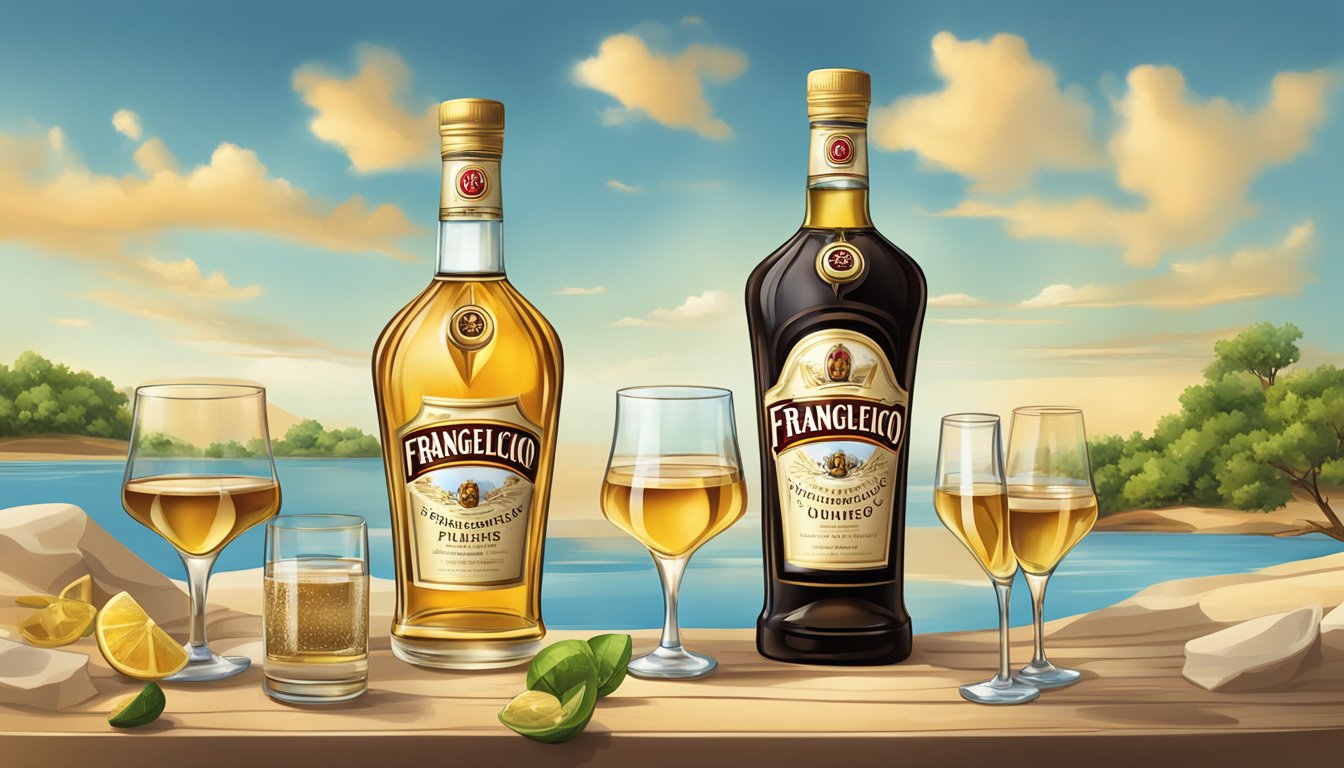 A bottle of Frangelico surrounded by empty glasses, overflowing with the liqueur