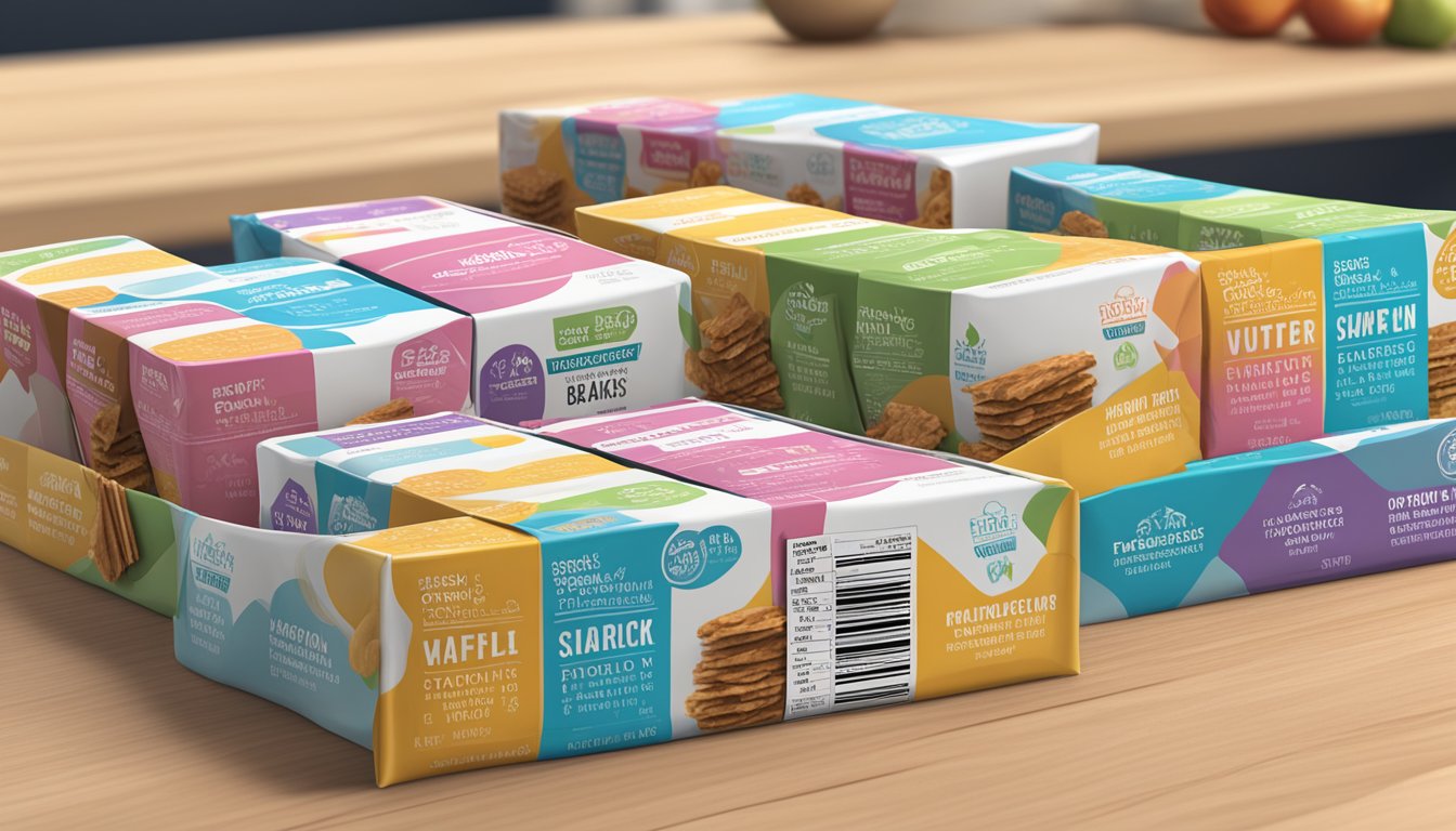 A table with various flavors of wonderslim protein wafer snack bars stacked in rows, with a nutrition label displayed next to them