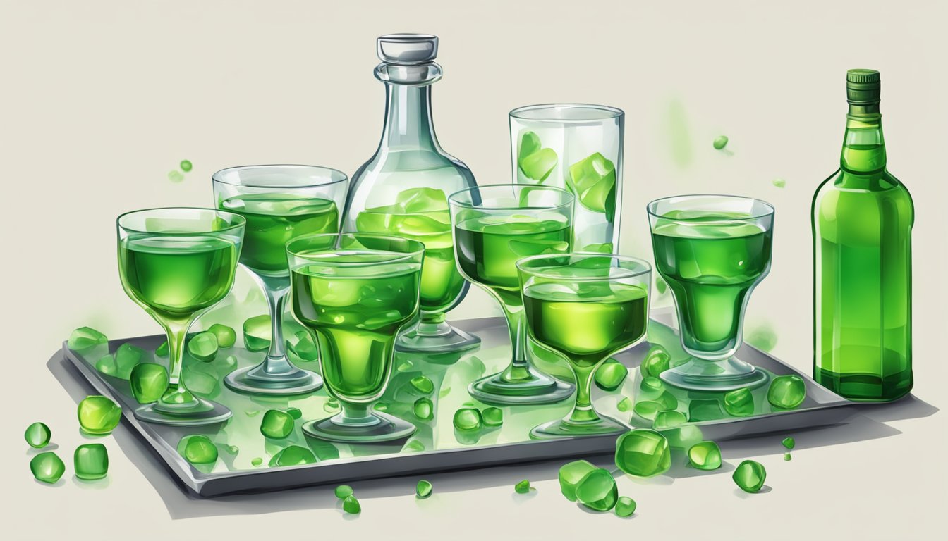 A table with multiple glasses filled with Midori, some overflowing. Empty bottles and spilled liquid indicate excessive consumption