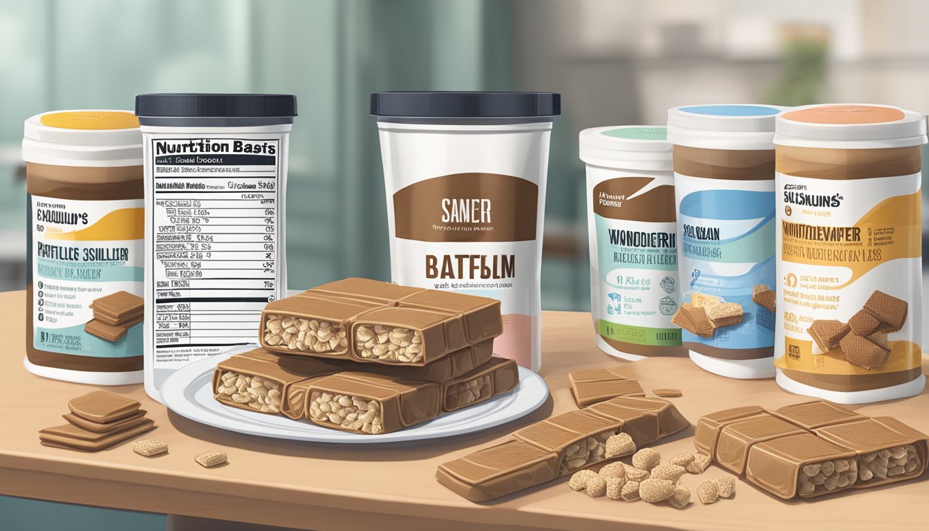 A table with an array of wonderslim protein wafer snack bars, surrounded by measuring cups and a nutrition label