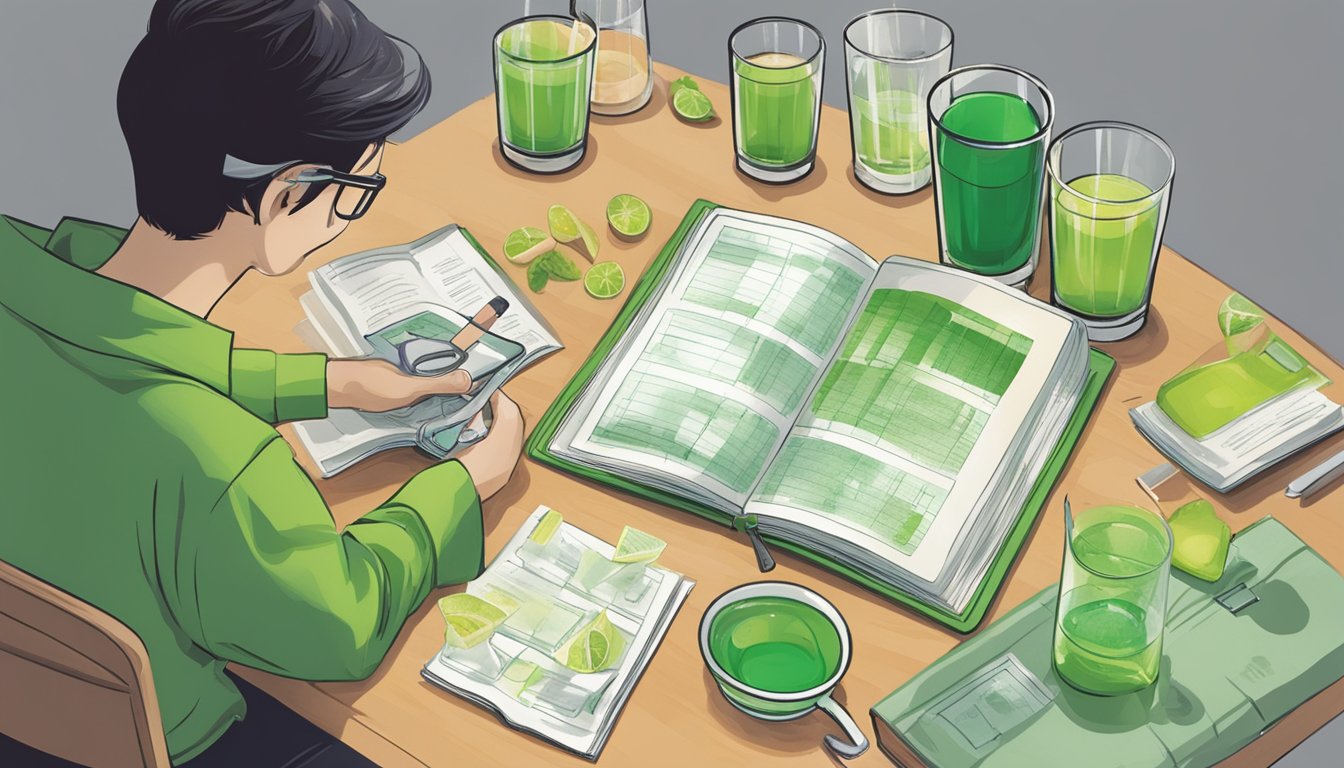 A table with various glasses of Midori, a measuring cup, and a concerned person checking a health guidebook