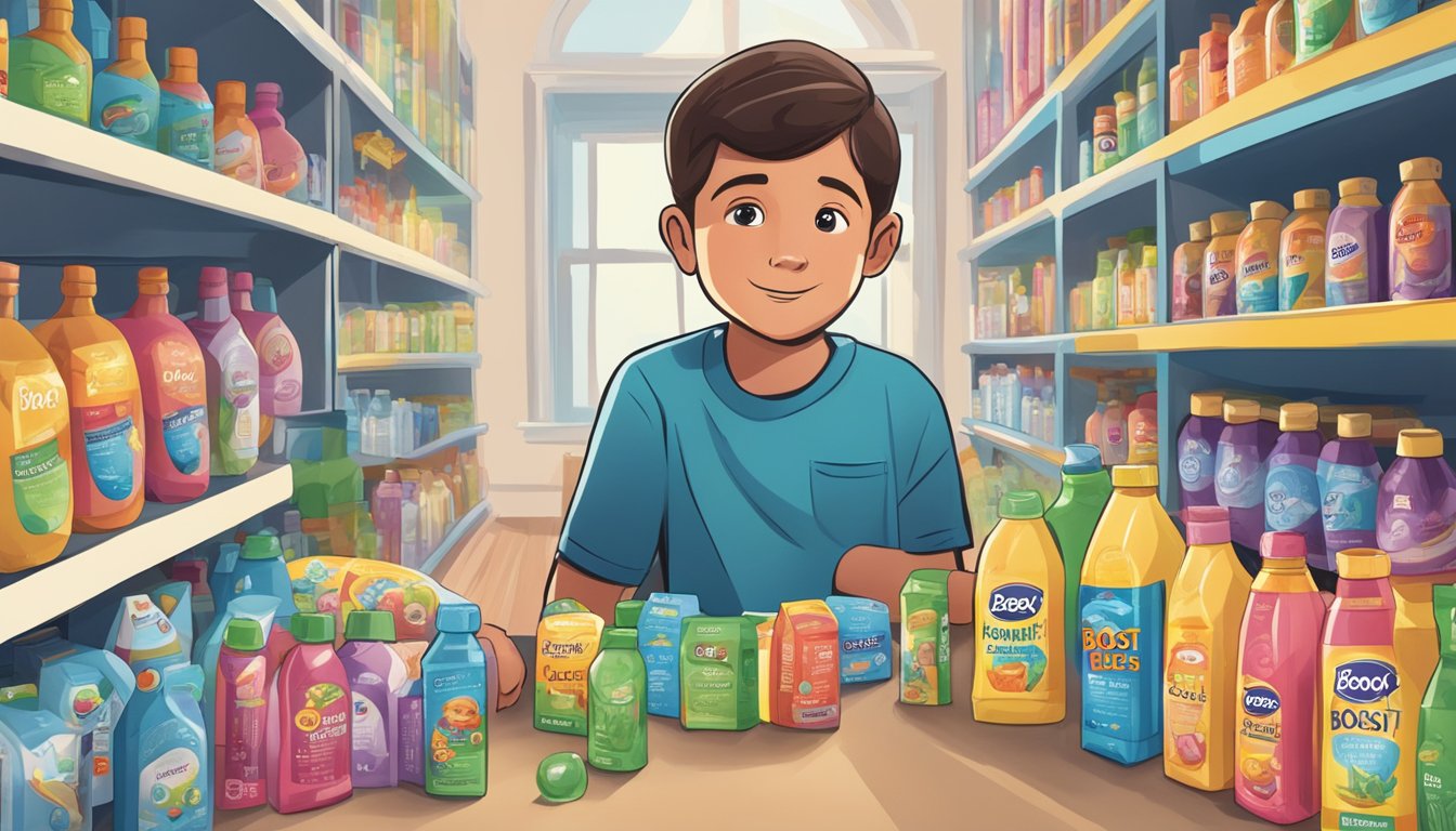 A child surrounded by multiple bottles of Boost Kid Essentials, with a concerned adult looking at the labels