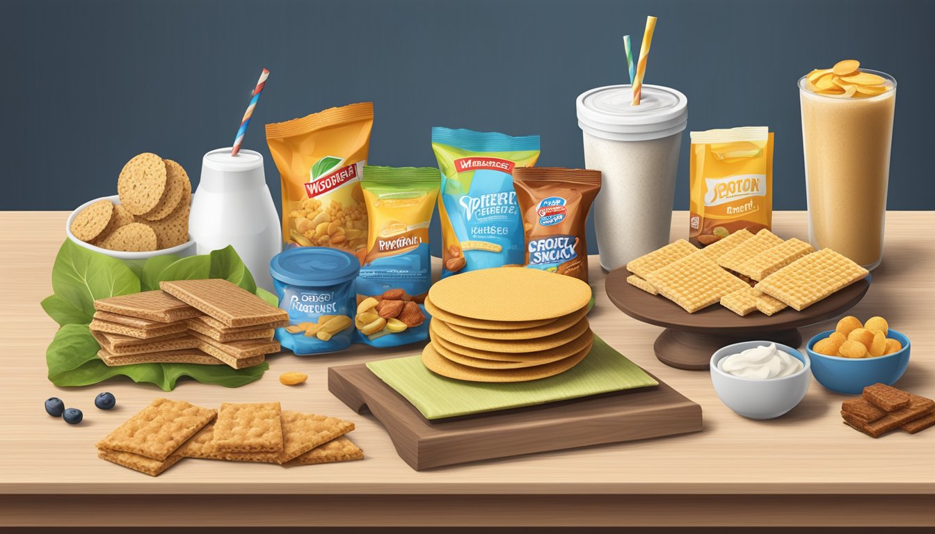 A table with various food groups and servings, with a stack of wonderslim protein wafer snack bars