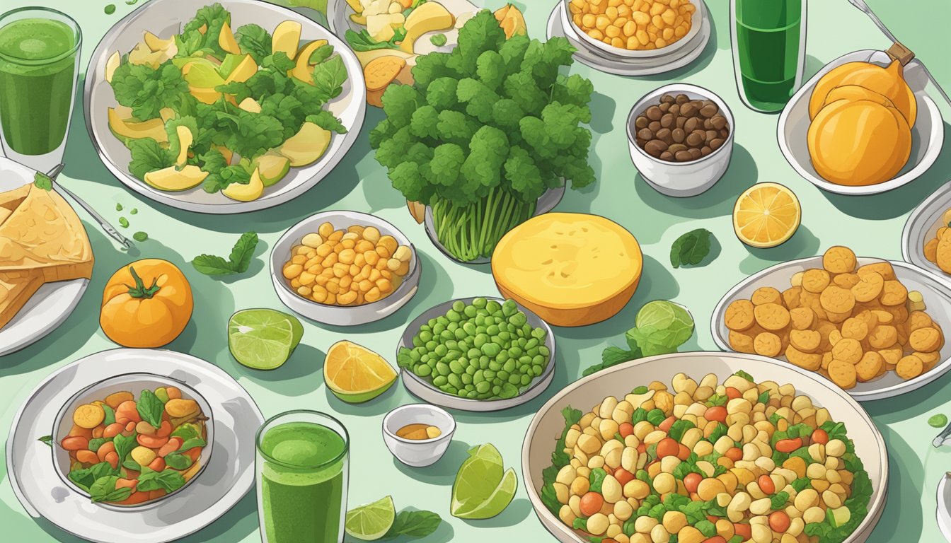 A table with various food groups, including a pile of midori, surrounded by question marks