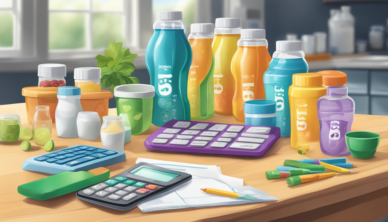 A table with multiple bottles of Boost Kid Essentials, a measuring cup, and a calculator to analyze servings