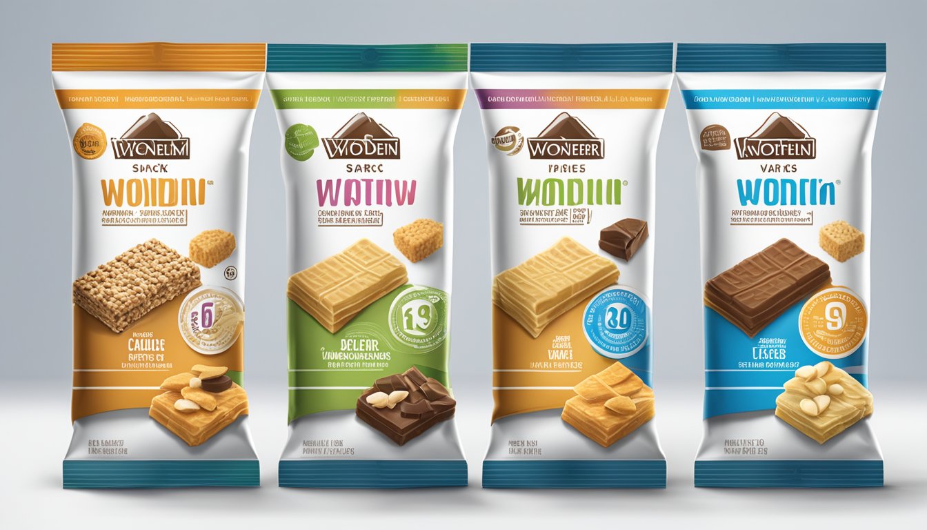 A table displays an array of WonderSlim protein wafer snack bars, with a variety of flavors and packaging