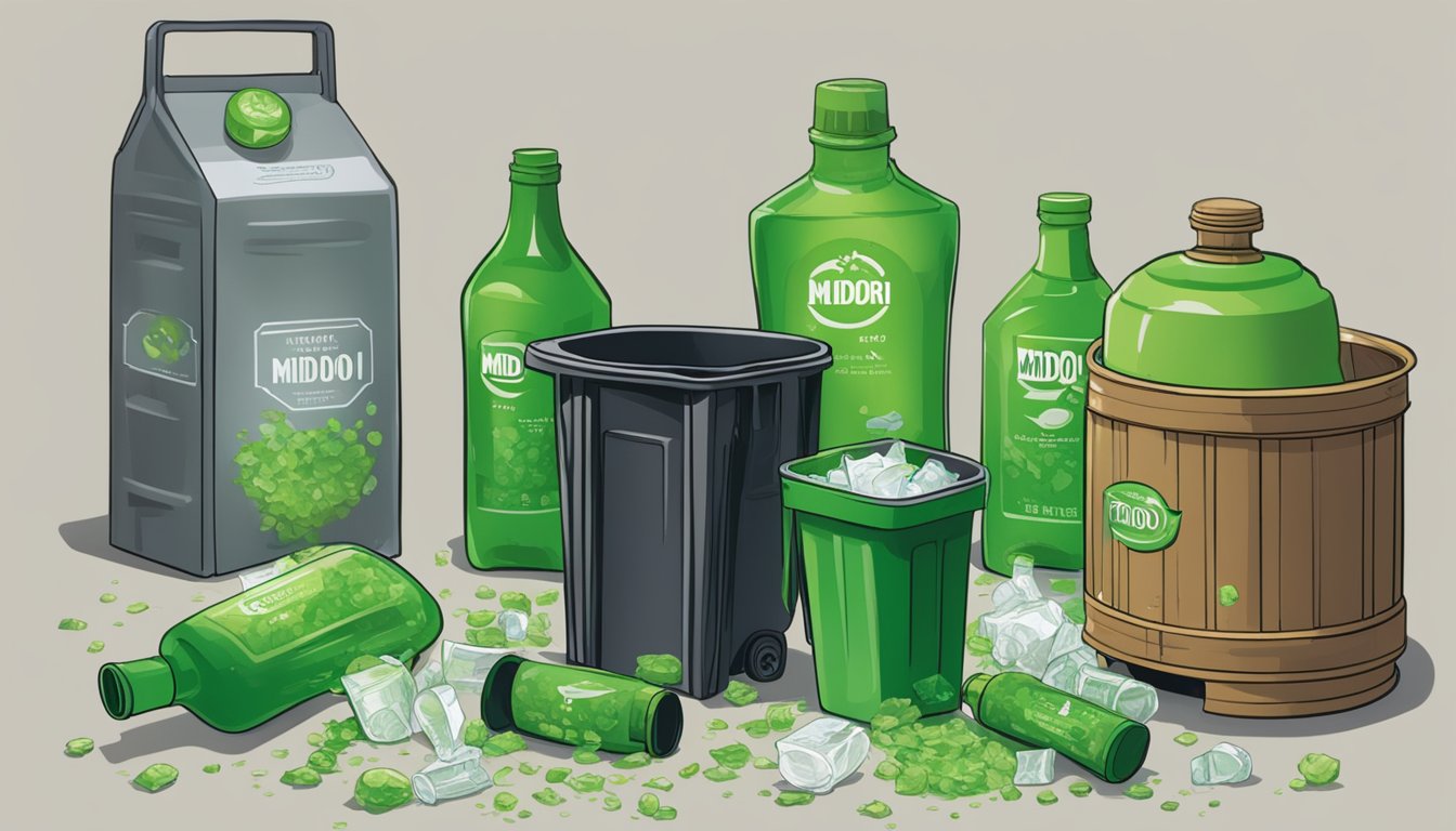 Empty bottles of Midori scattered on a table, overflowing trash bin, and a person slumped over in a chair