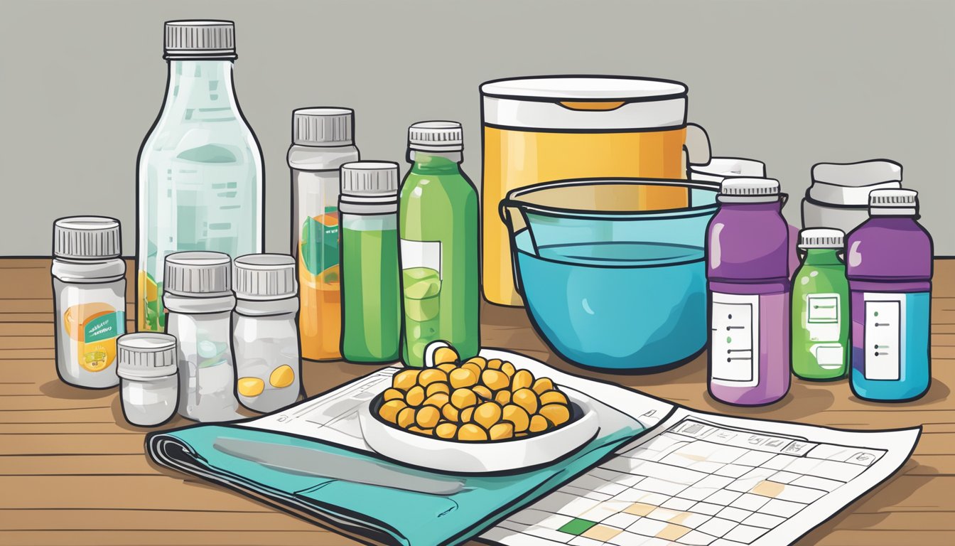 A table with multiple bottles of Boost Kid Essentials, a measuring cup, and a chart showing recommended serving sizes