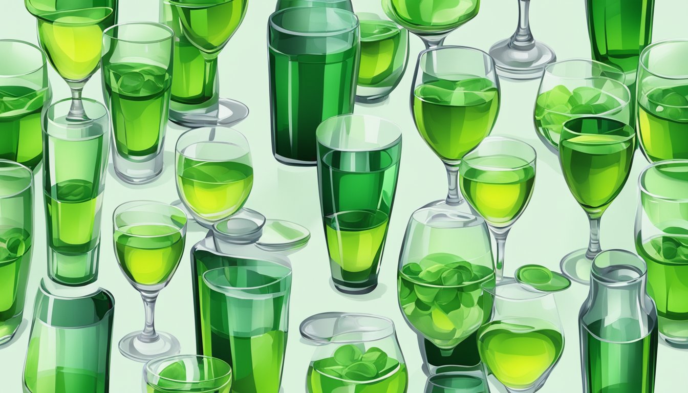 A table with multiple empty glasses of Midori and a bottle on its side