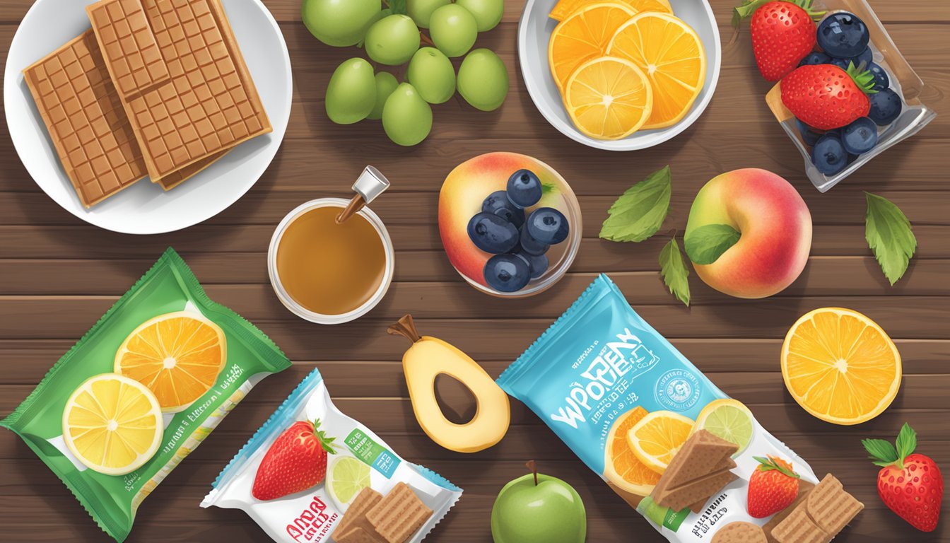 A woman enjoys a variety of healthy snacks, including Wonderslim protein wafer snack bars, laid out on a wooden table with fresh fruits and a glass of water