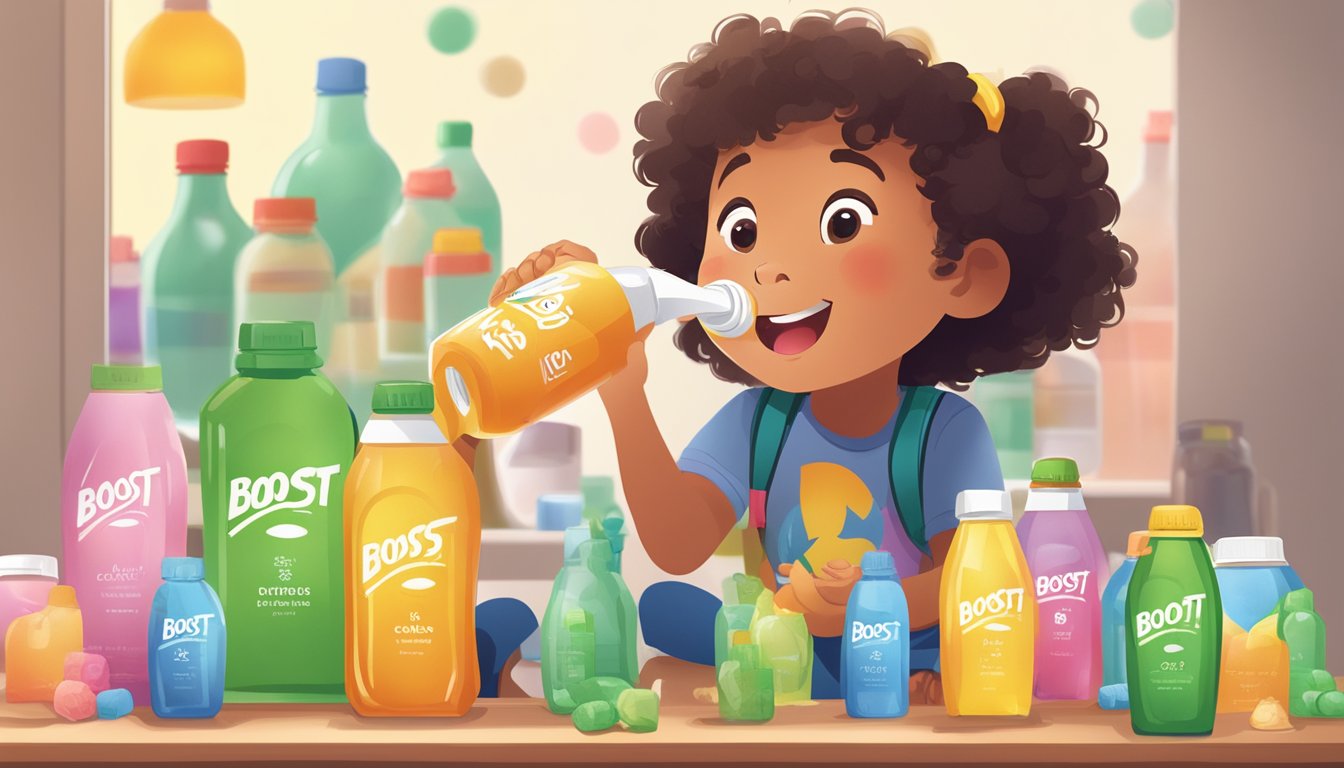 A child happily drinking a Boost Kid Essentials, surrounded by empty bottles