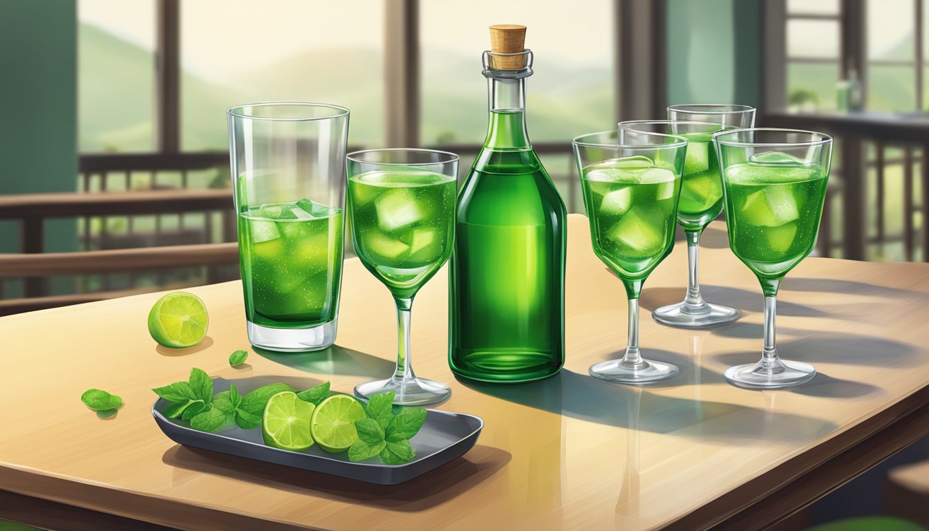 A table with multiple glasses of Midori, some half-empty, with a bottle in the background