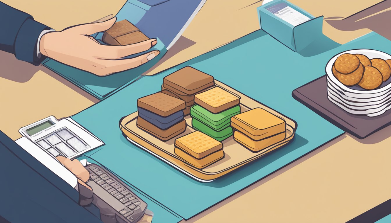 A table with multiple wonderslim protein wafer snack bars, a calculator, and a person pondering portion sizes