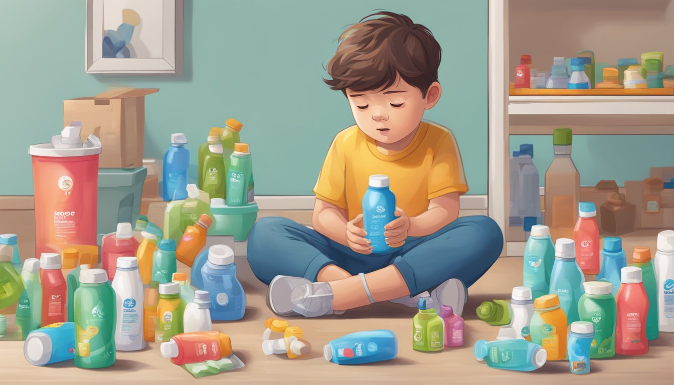 A child surrounded by empty Boost Kid Essentials bottles, looking unwell