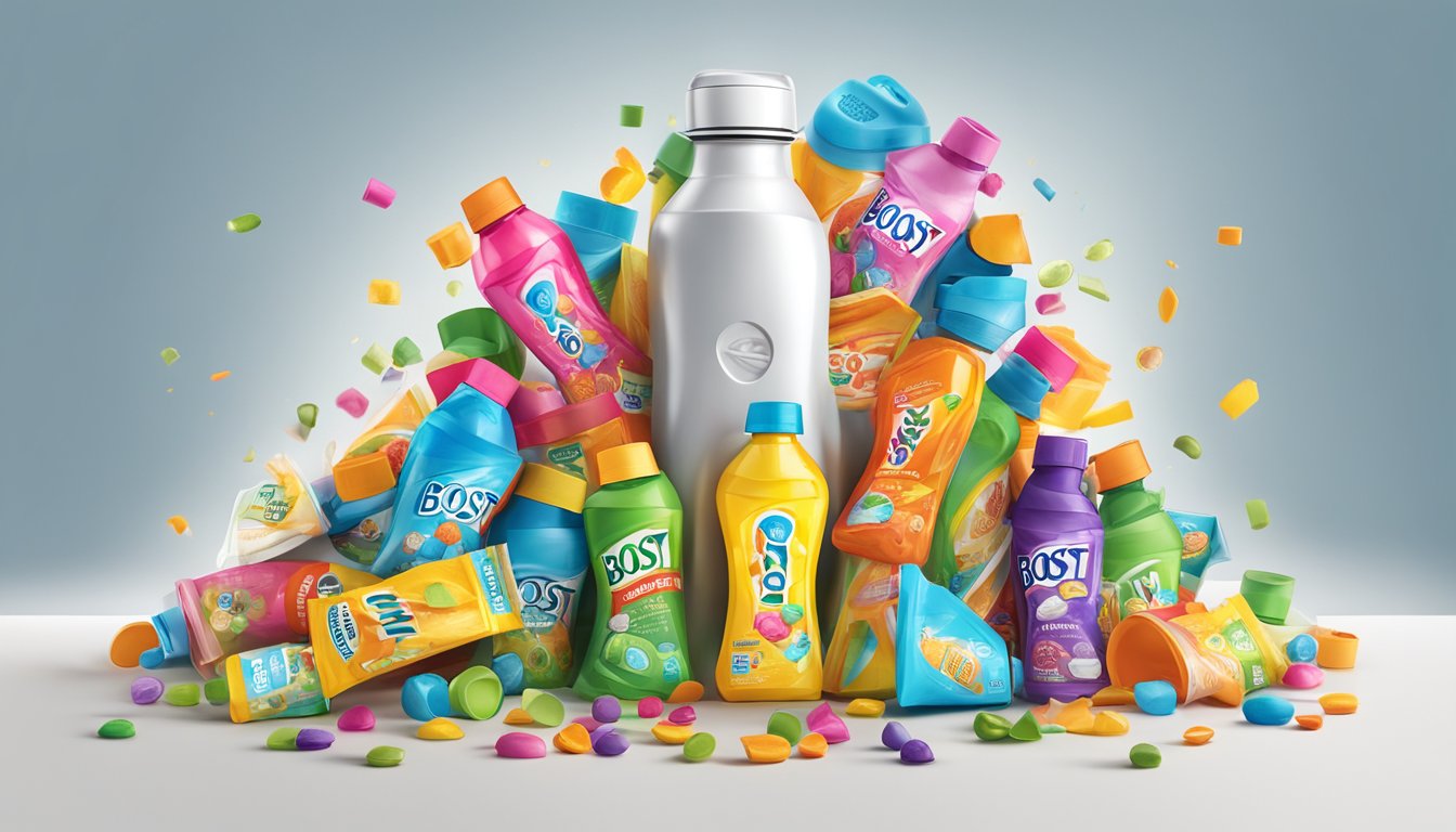 A colorful array of Boost Kid Essentials bottles and flavor packets overflowing from a large, overturned measuring cup