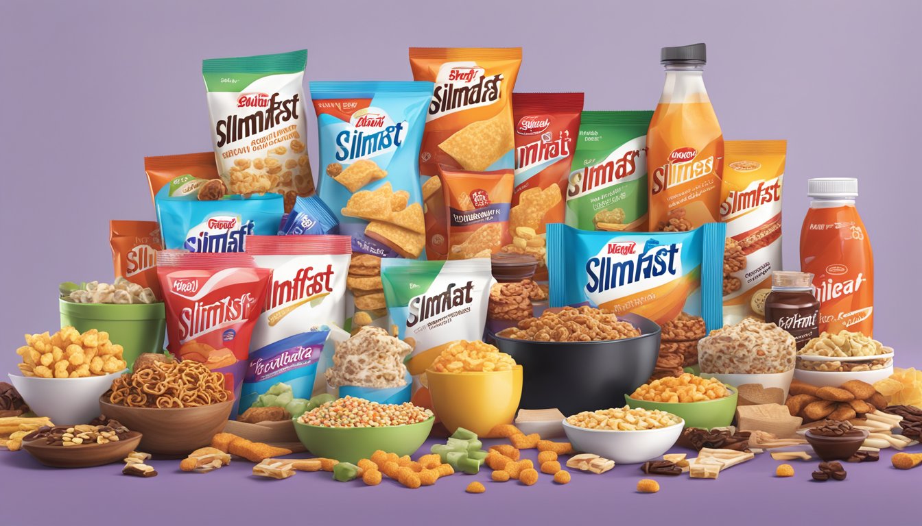 A table with an array of SlimFast products, including shakes, bars, and snacks, piled high in a chaotic manner