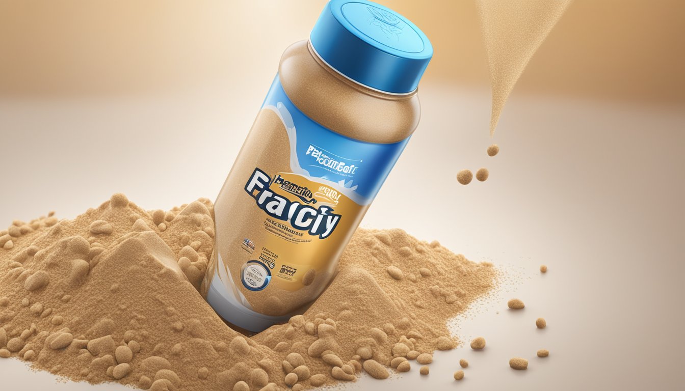 A scoop of flavcity protein powder overflowing from a shaker bottle