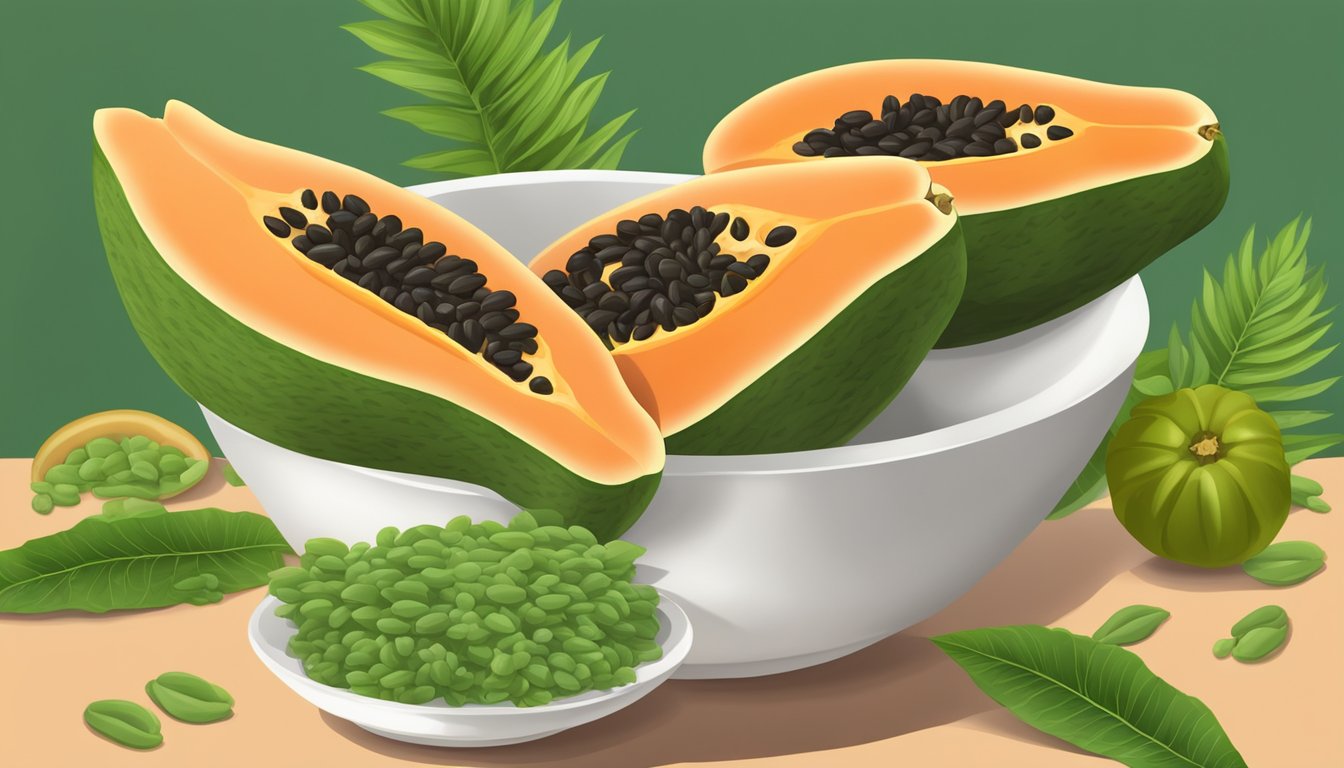 A ripe papaya sliced into cups with visible seeds and flesh, surrounded by green leaves and a bowl of digestive enzymes