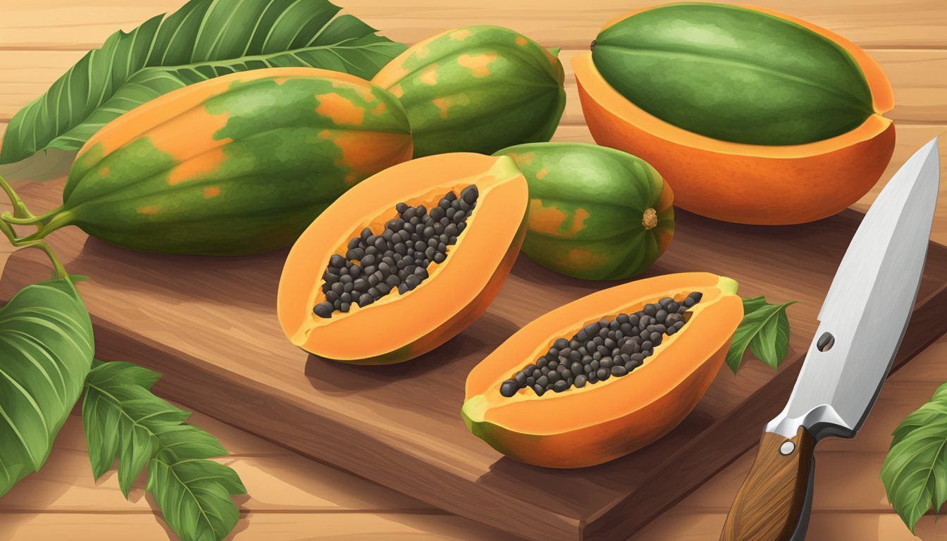 A ripe papaya cut into cubes on a wooden cutting board, surrounded by a few whole papayas and a knife