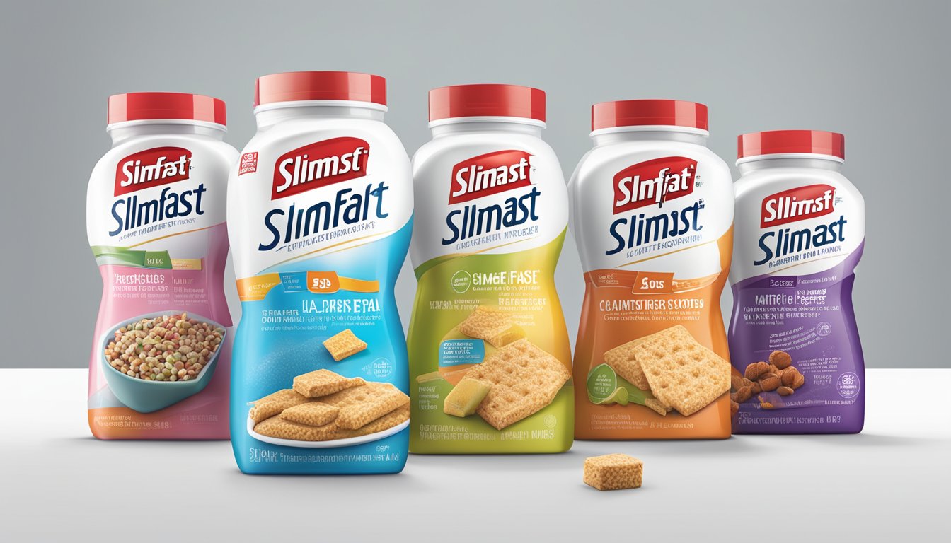 A variety of SlimFast products displayed with a clear recommended serving size highlighted on the packaging