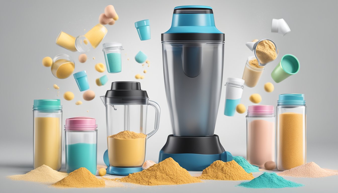 A blender overflowing with protein powder, surrounded by empty shaker bottles and spilled powder