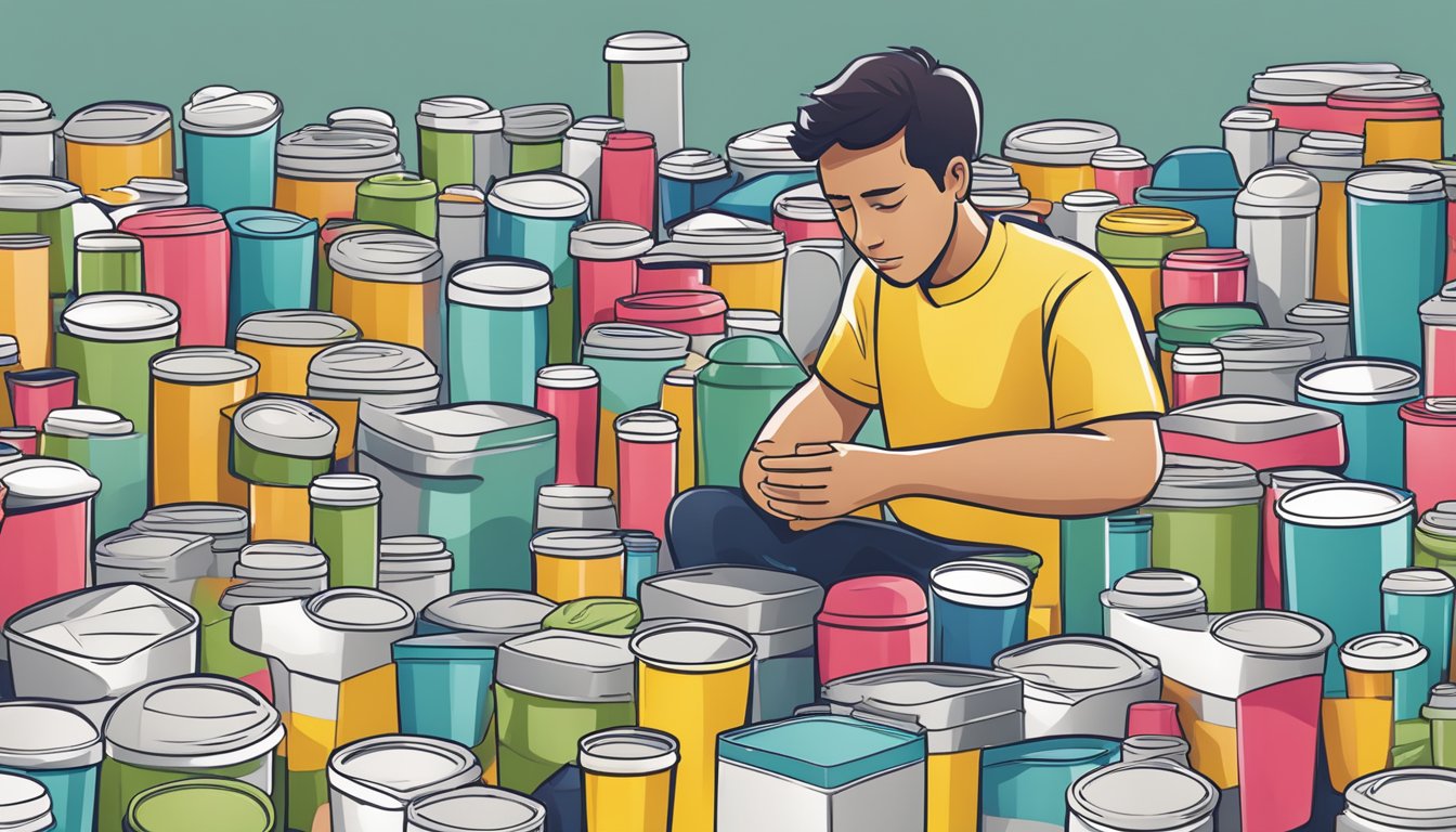 A person surrounded by multiple empty SlimFast containers, looking overwhelmed