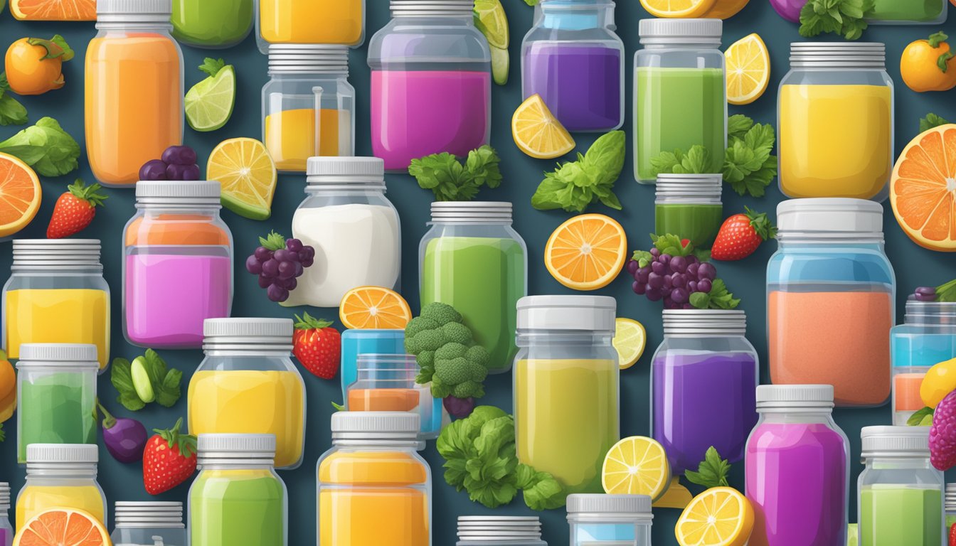 A colorful array of protein powder jars, with various flavors and serving sizes, surrounded by fresh fruits and vegetables