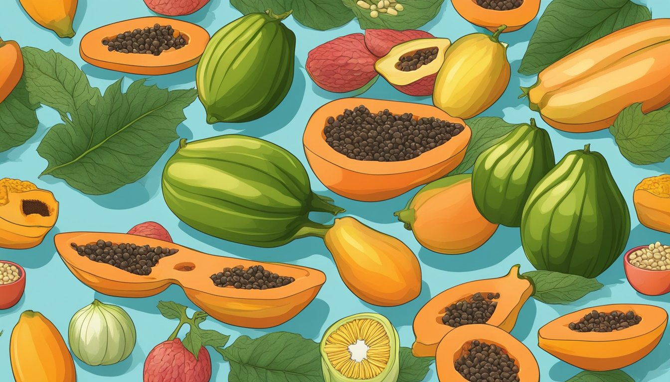 A ripe papaya surrounded by various foods, representing different diets and conditions