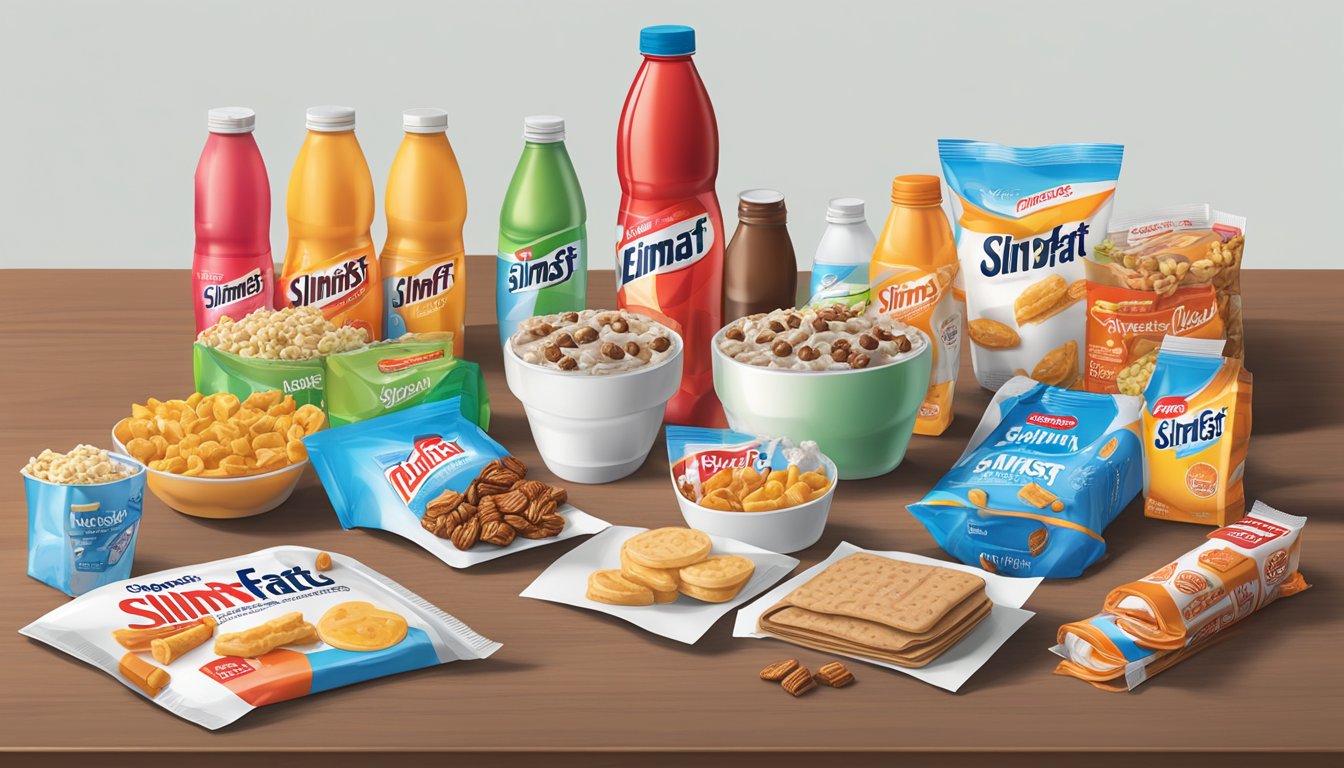 A table with an array of SlimFast products, including shakes, bars, and snacks, surrounded by empty wrappers and bottles