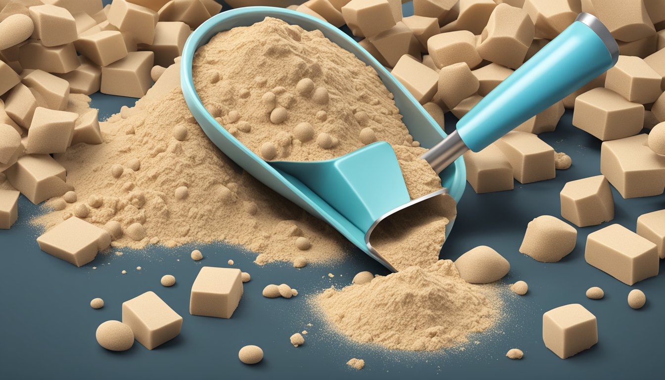 A large pile of flavcity protein powder spilling out of a measuring scoop, with multiple empty scoops scattered around, indicating overconsumption risks