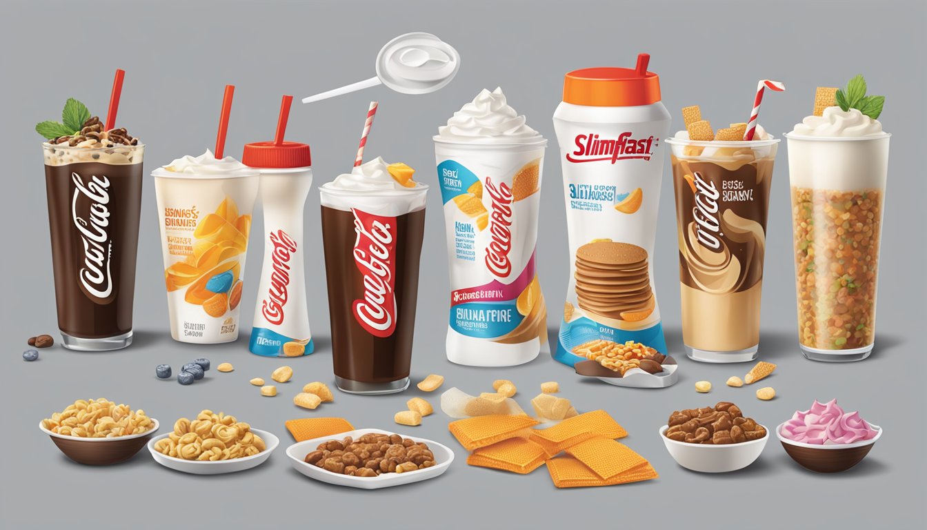 A table with various servings of SlimFast, including shakes, bars, and snacks, arranged in a balanced and visually appealing manner