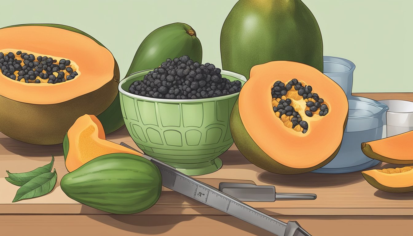 A bowl of ripe papayas being sliced and measured into a measuring cup