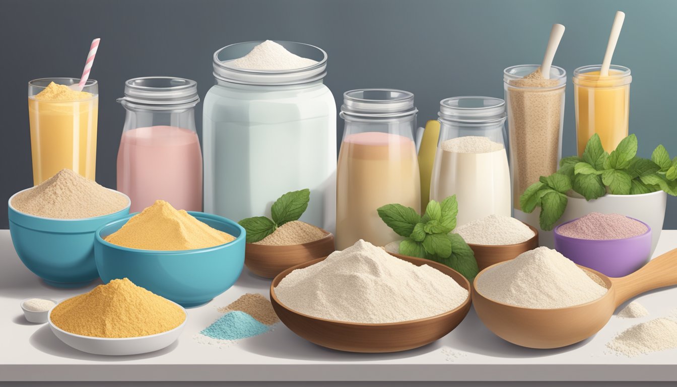 A table with multiple scoops of protein powder piled up, surrounded by various ingredients and recipe books