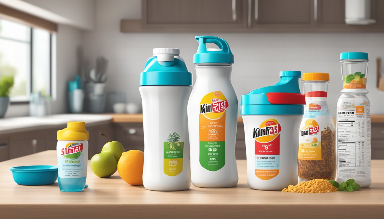 A kitchen counter with multiple empty and partially filled SlimFast shake bottles, alongside a measuring cup and a nutrition label