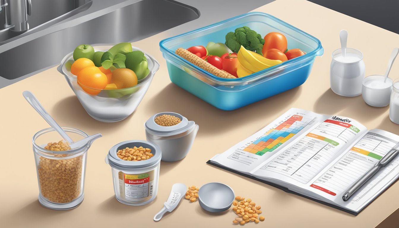 A kitchen counter with an open container of SlimFast, a measuring cup, and a nutrition guide