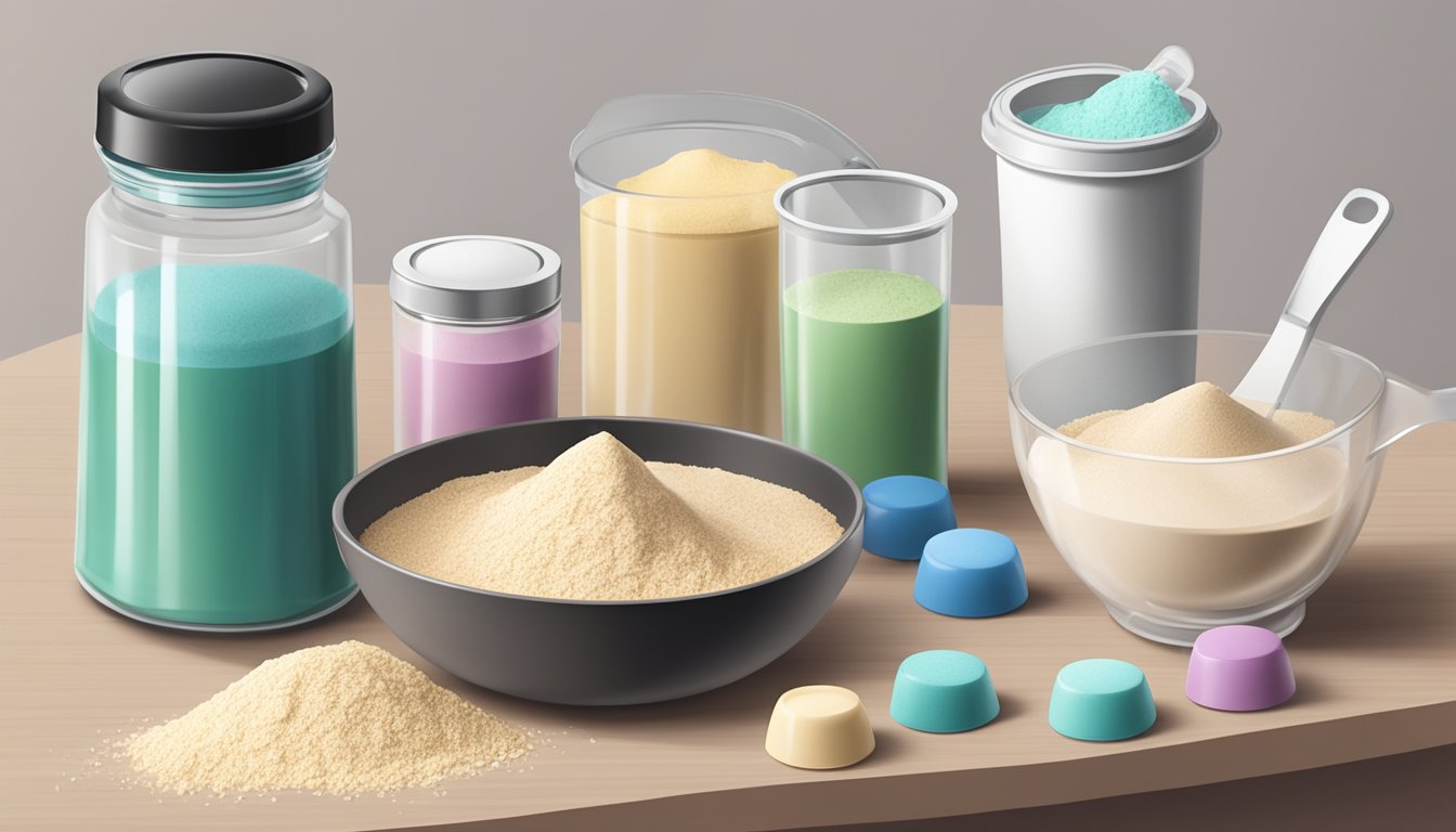 A table with multiple empty protein powder scoops scattered around, next to a shaker bottle and a measuring cup