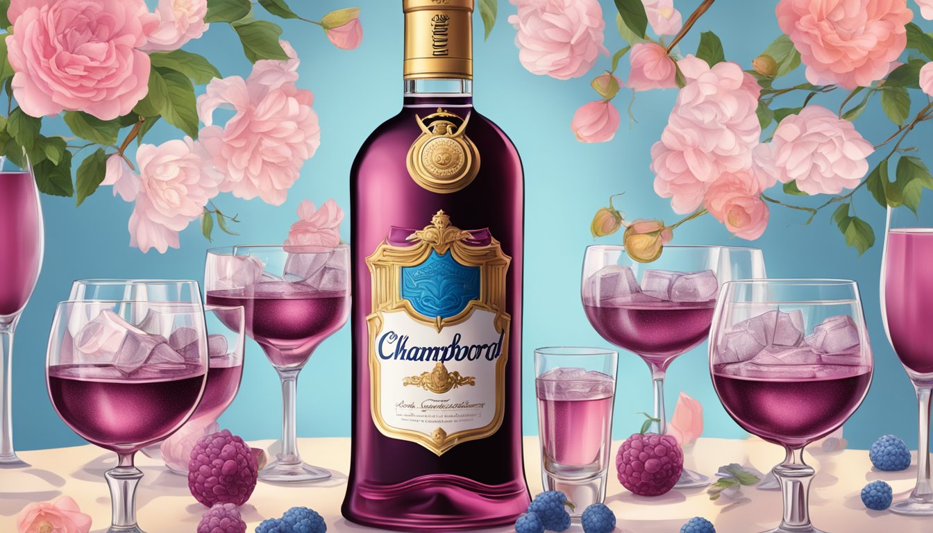 A bottle of Chambord surrounded by overflowing glasses