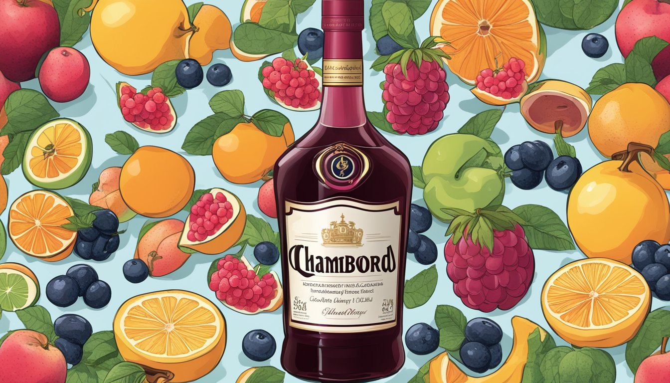 A bottle of Chambord with a measuring cup overflowing with the liqueur, surrounded by various fruits and a nutrition label