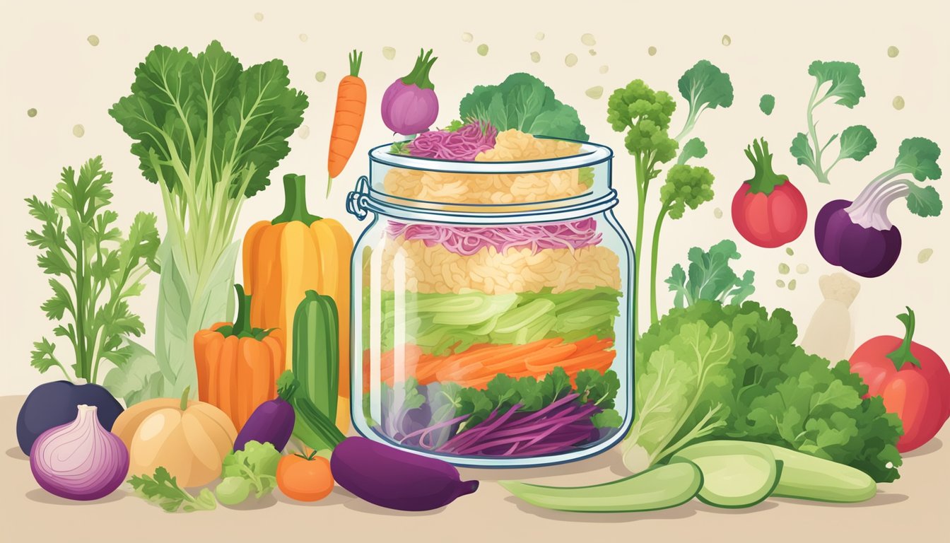 A jar of sauerkraut surrounded by colorful vegetables and a gut health diagram