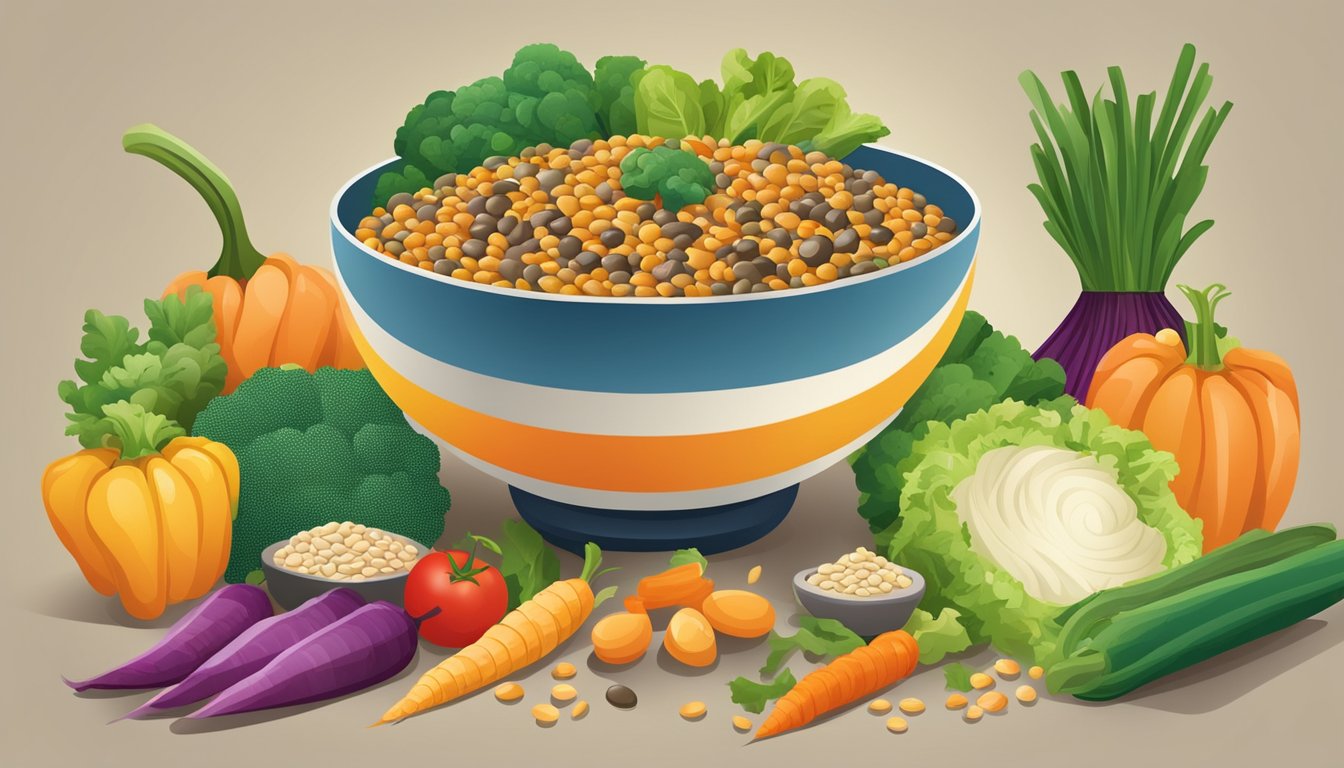 A bowl of lentils surrounded by a variety of colorful vegetables and grains, representing a balanced and nutritious meal