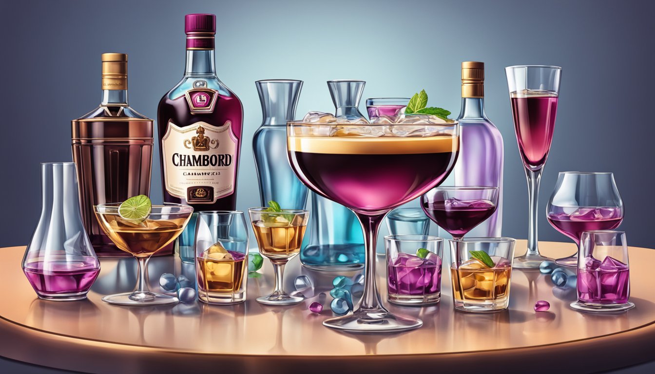 A cocktail glass overflowing with Chambord liqueur, surrounded by empty glasses and bottles