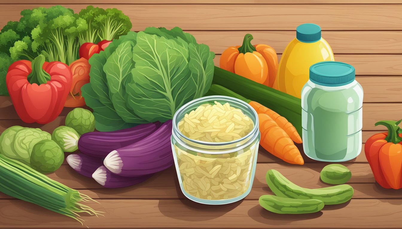 A jar of sauerkraut surrounded by colorful vegetables and a gut health supplement bottle on a wooden table