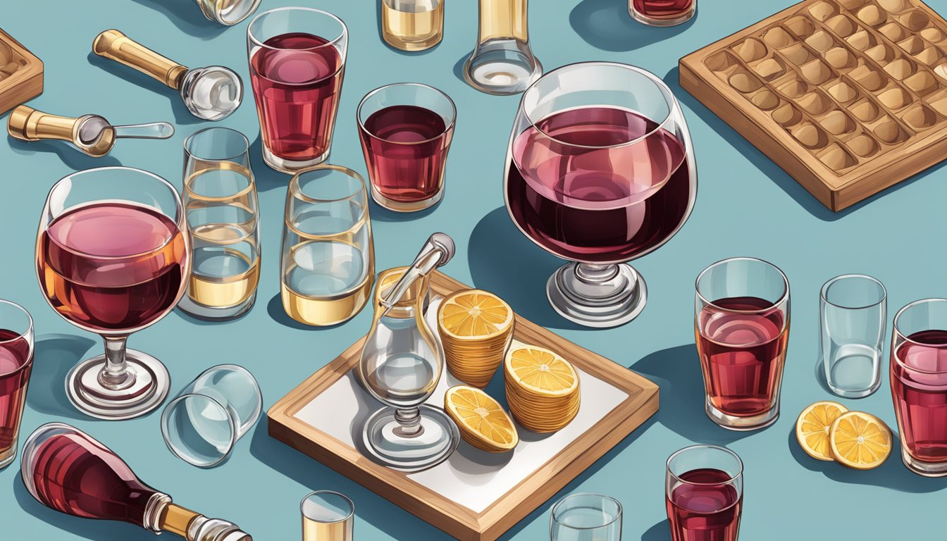 A table with multiple glasses of Chambord, some empty and some full, surrounded by scattered bottles and a measuring cup