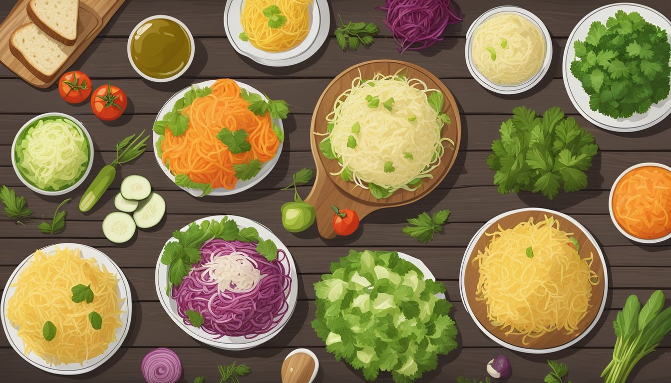 A colorful array of sauerkraut dishes, from salads to sandwiches, surrounded by fresh vegetables and herbs, all arranged on a rustic wooden table