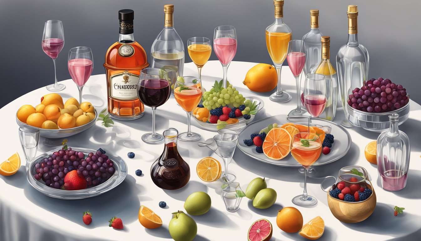 A table with multiple glasses of Chambord, some empty and others partially filled, surrounded by scattered bottles and fruit garnishes