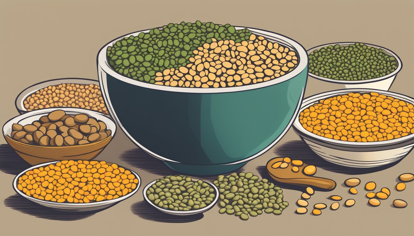 A bowl of lentils surrounded by other legumes and protein sources, with a measuring cup showing the optimal serving size for protein and fiber intake