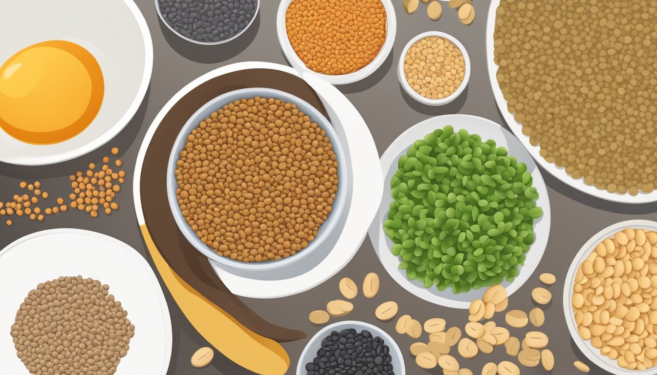 A plate of lentils surrounded by various food groups, with a protein and fiber intake chart in the background