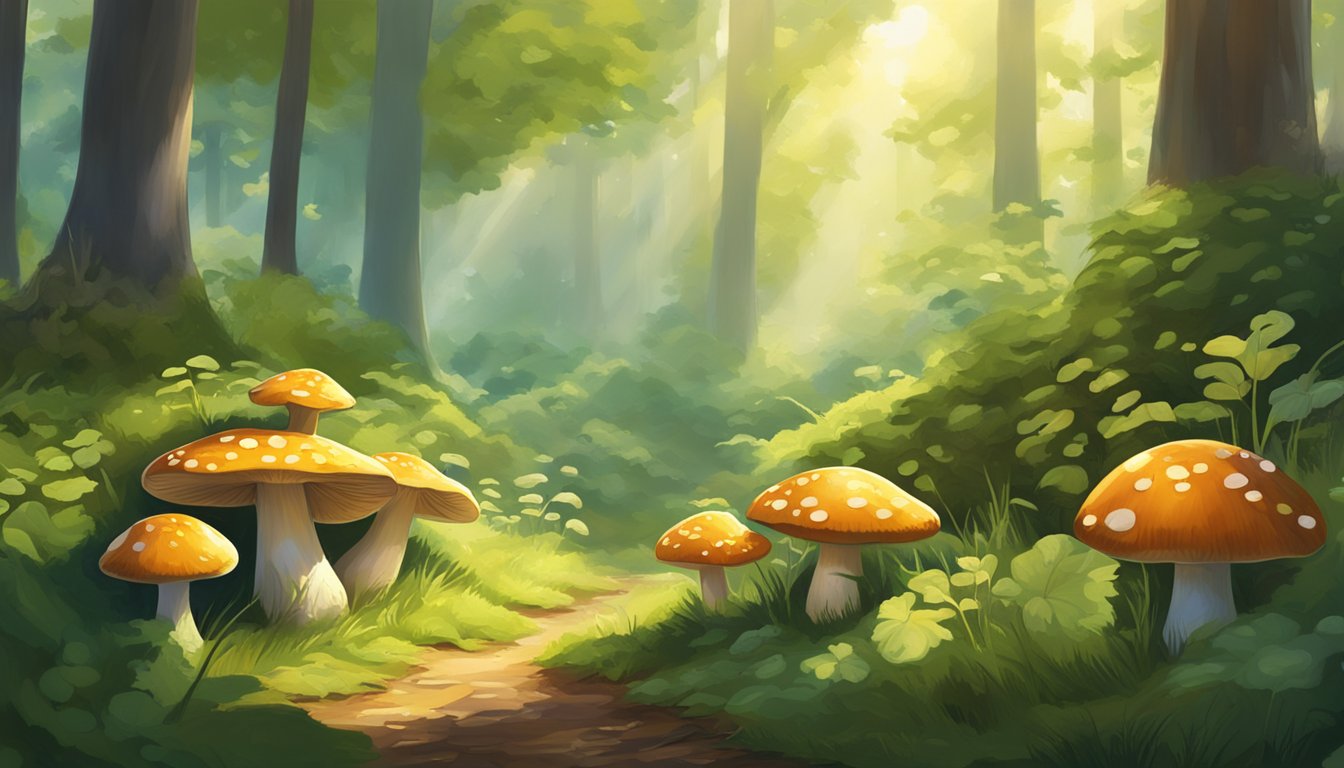 A sunny forest clearing with a cluster of mushrooms soaking up the sunlight, surrounded by green foliage