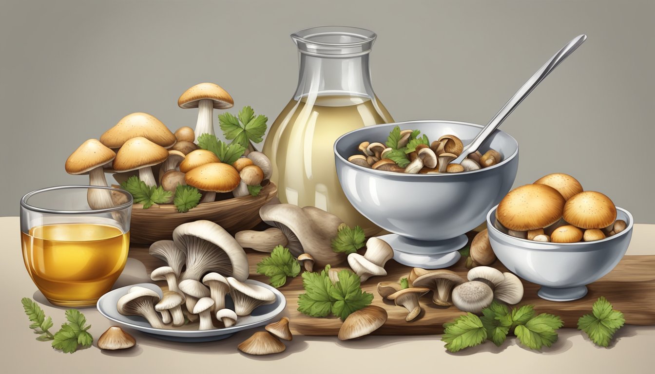 A table with a variety of mushrooms, a measuring cup, and a plate