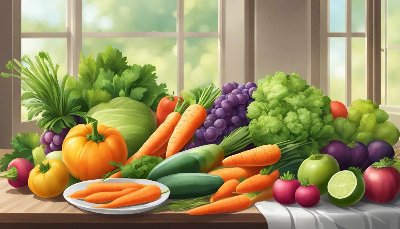 A table with a variety of colorful fruits and vegetables, including a pile of fresh carrots, surrounded by natural light